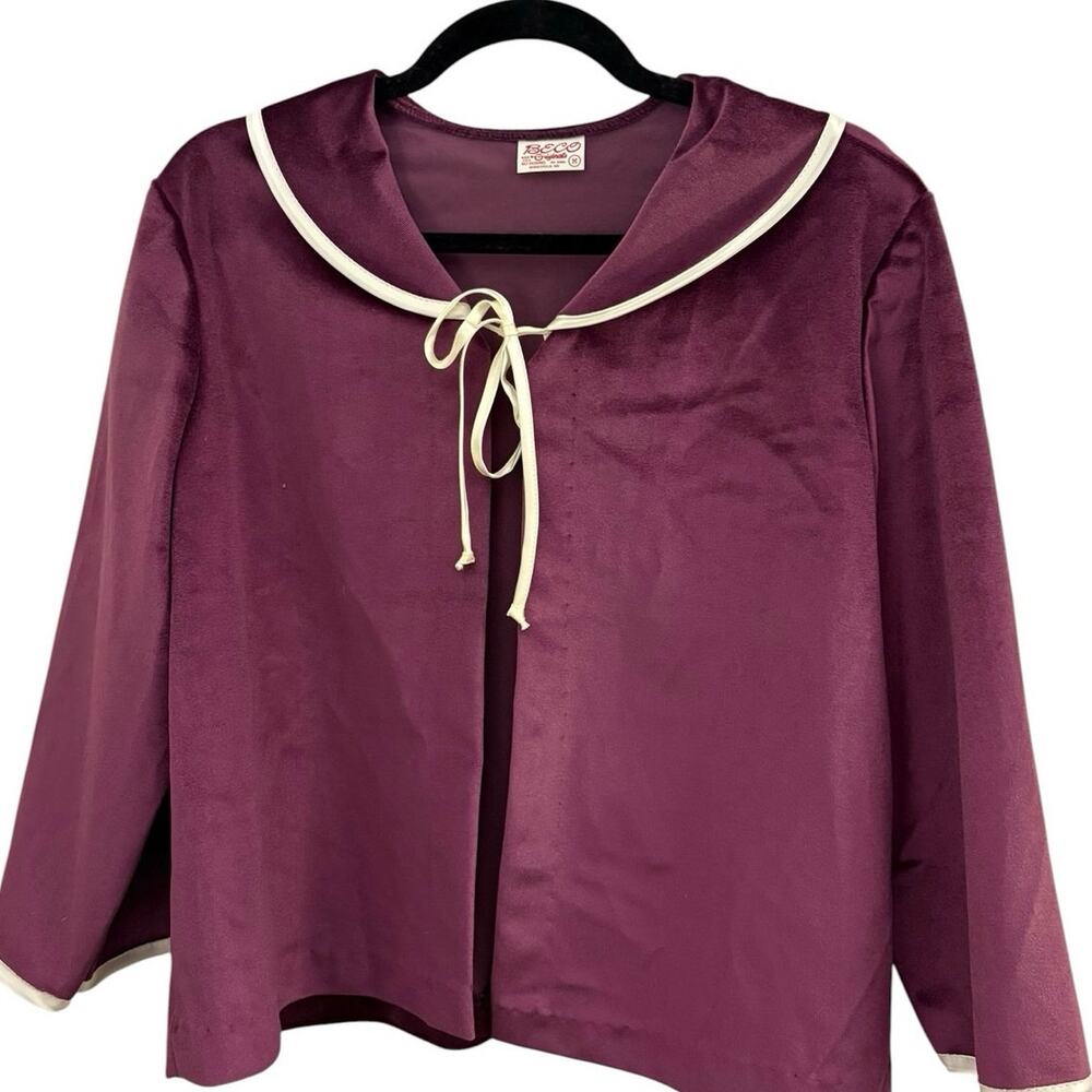 Vintage Maroon Bed Jacket Robe M Sailor Collar Cream Trim Tie Front Loungewear